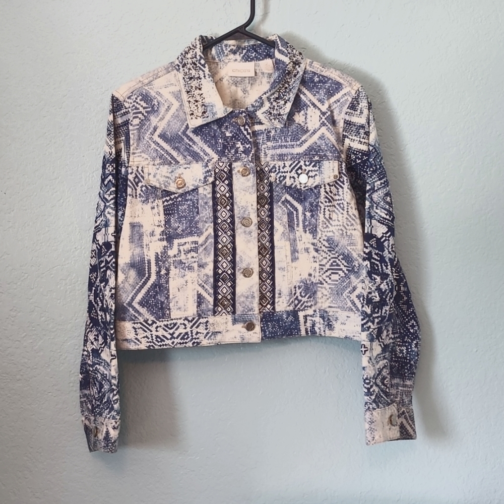 Chico's blue & white artesan patterned, beaded, mysterious size 2 jean jacket